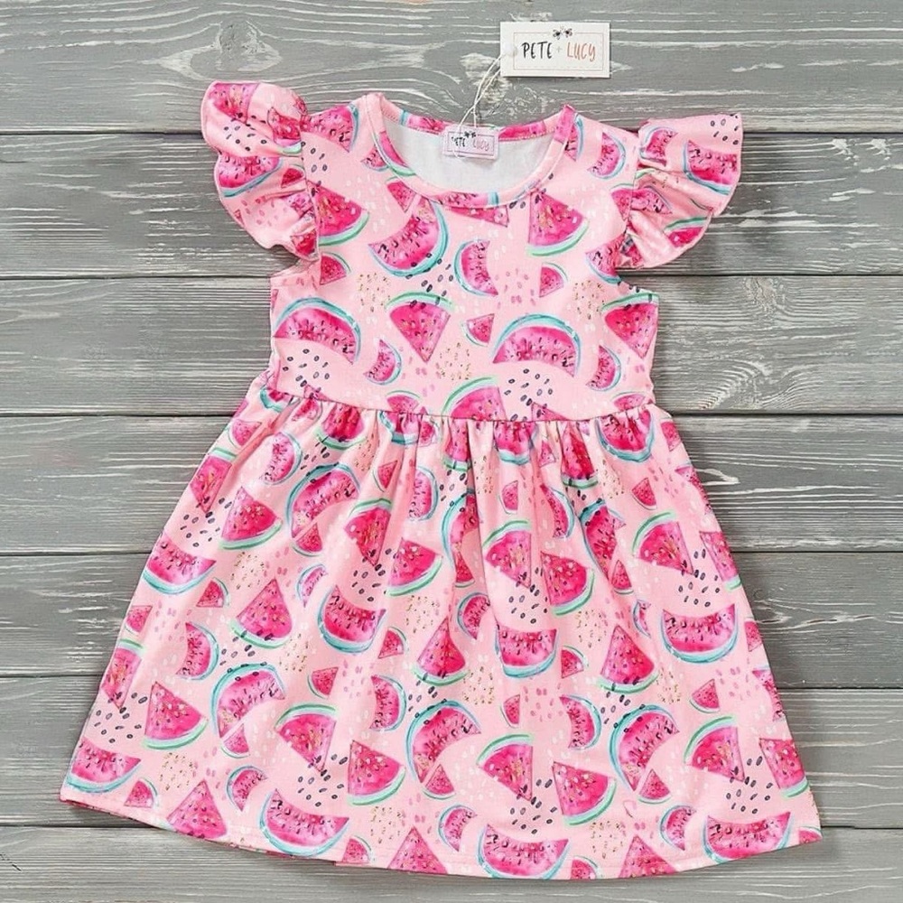 Pink Flutter Sleeve Sundress with Watermelon Print